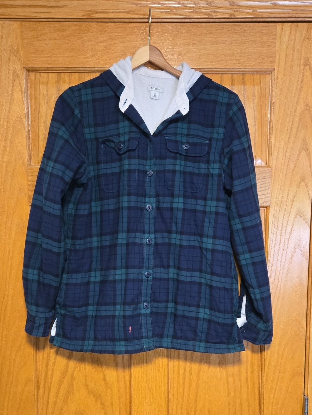 L.L. Bean Navy & Green Plaid Hooded Button-Up Jacket Women's